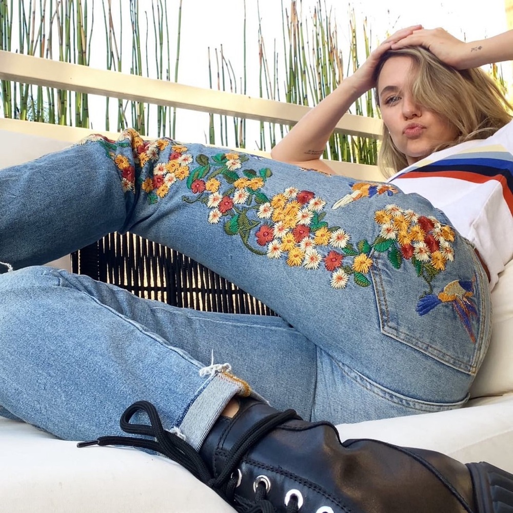 Free People Blue Floral Embroidered Straight Leg Jeans